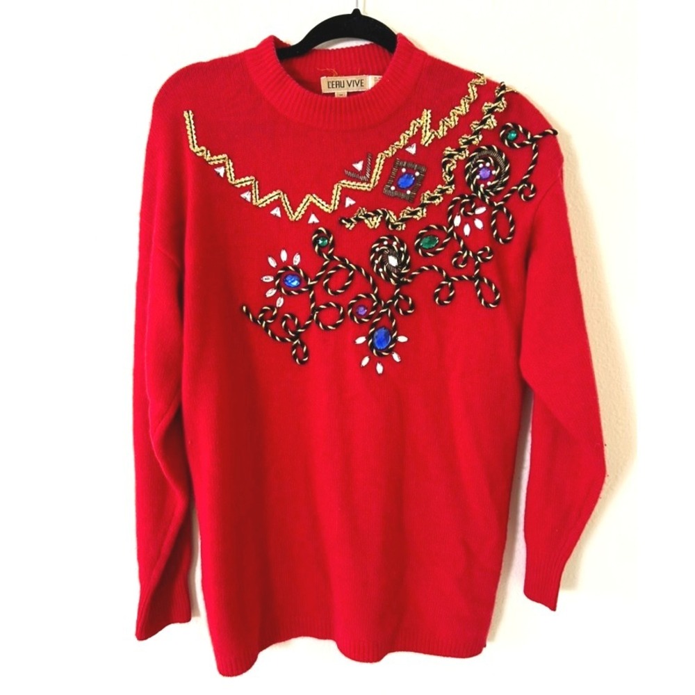 Vintage L'eau Vive Red Lambswool Blend Embellished Christmas Holiday Sweater M‎